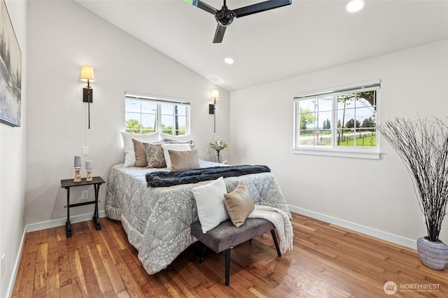 21 Hexon Rd, Selah, WA 98942 - bedroom with multiple windows, recessed lighting, baseboards, hardwood / wood-style flooring, and lofted ceiling