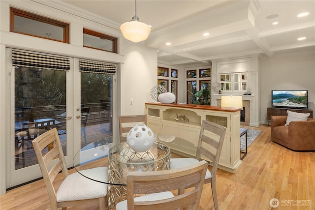 2249 78th Ave SE, Mercer Island, WA 98040 - dining area with light wood-style flooring, coffered ceiling, beamed ceiling, crown molding, and recessed lighting