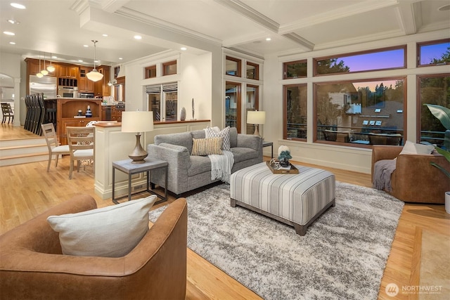 2249 78th Ave SE, Mercer Island, WA 98040 - living room featuring coffered ceiling, recessed lighting, beamed ceiling, crown molding, and light wood-style floors