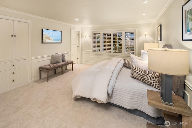 2249 78th Ave SE, Mercer Island, WA 98040 - bedroom featuring crown molding, a decorative wall, recessed lighting, light carpet, and wainscoting