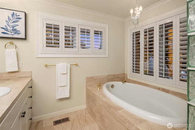 2249 78th Ave SE, Mercer Island, WA 98040 - full bathroom with baseboards, vanity, a bath, crown molding, and a chandelier