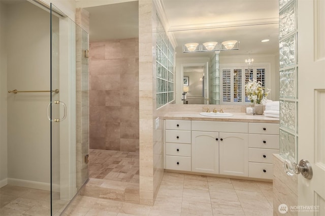 2249 78th Ave SE, Mercer Island, WA 98040 - bathroom with a stall shower, vanity, and crown molding