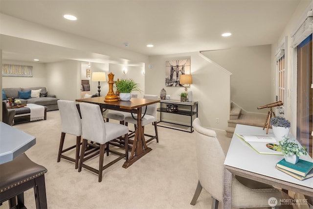 2249 78th Ave SE, Mercer Island, WA 98040 - dining area with light carpet, stairway, and recessed lighting