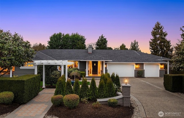 2249 78th Ave SE, Mercer Island, WA 98040 - ranch-style house with a garage, concrete driveway, a chimney, and roof with shingles