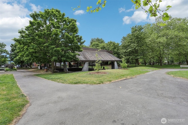 view of front of house featuring a front lawn, driveway, and metal roof