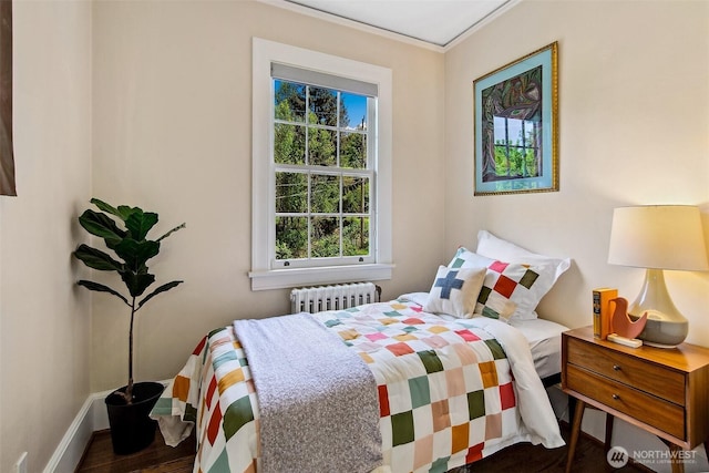 4404 Montana Cir W, Seattle, WA 98199 - bedroom with radiator, wood finished floors, baseboards, and ornamental molding