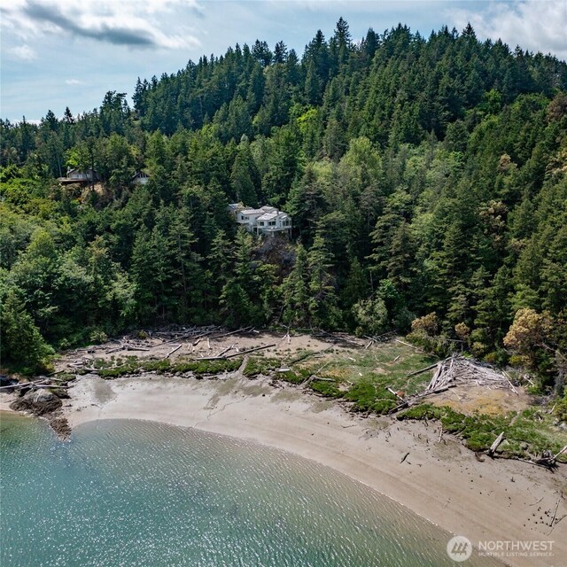 aerial view of property and surrounding area featuring a forest and a large body of water