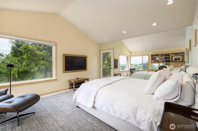 carpeted bedroom featuring lofted ceiling, baseboards, and recessed lighting