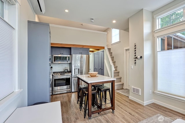 990 Lake Whatcom Blvd Unit 11, Sedro Woolley, WA 98284 - kitchen featuring stainless steel appliances, gray cabinetry, light wood-style flooring, backsplash, and baseboards