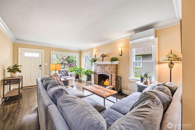 living room featuring a wall unit AC, ornamental molding, plenty of natural light, dark wood-style floors, and a fireplace