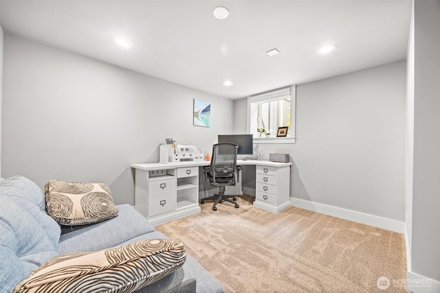 office with light colored carpet, baseboards, and recessed lighting