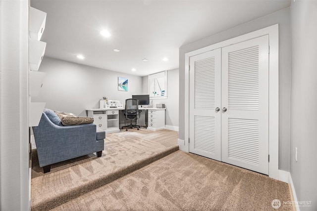 office area with light colored carpet, baseboards, and recessed lighting