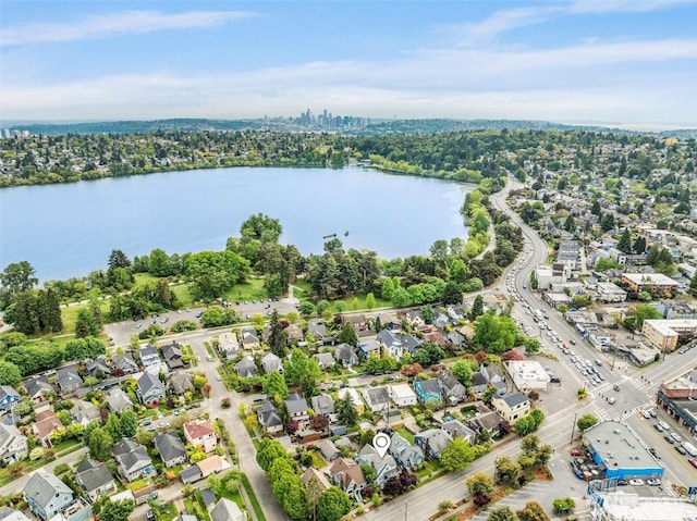 aerial perspective of suburban area with a large body of water