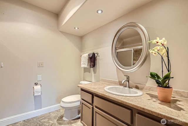 4105 Providence Point Dr SE, Issaquah, WA 98029 - bathroom with vanity, toilet, baseboards, recessed lighting, and a shower with shower door