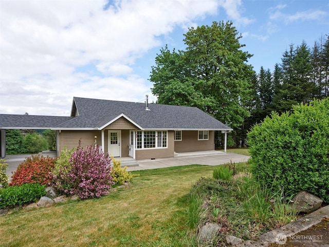 13708 401st Way, Amboy, WA 98601 - single story home with a front lawn, roof with shingles, and a patio area