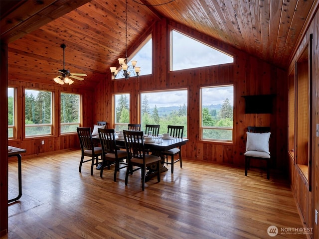 13708 401st Way, Amboy, WA 98601 - dining space with wood walls, wooden ceiling, wood finished floors, high vaulted ceiling, and a ceiling fan