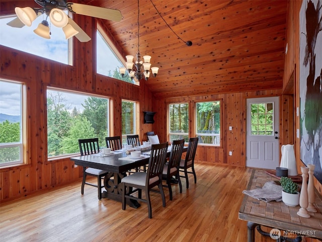 13708 401st Way, Amboy, WA 98601 - dining area with high vaulted ceiling, wood walls, light wood-type flooring, a chandelier, and ceiling fan
