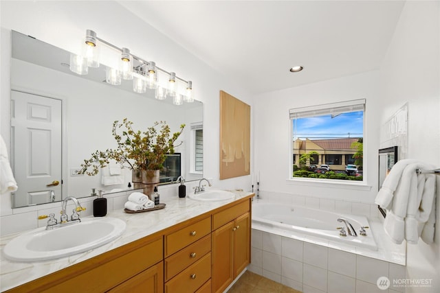 4133 156th St SW Unit 7, Lynnwood, WA 98087 - full bath with double vanity, a bath, and tile patterned flooring
