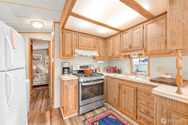 316 W Lake Samish Dr, Bellingham, WA 98229 - kitchen featuring stainless steel gas range oven, freestanding refrigerator, a sink, under cabinet range hood, and light wood-style floors