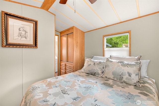 316 W Lake Samish Dr, Bellingham, WA 98229 - bedroom with lofted ceiling, a closet, and ceiling fan