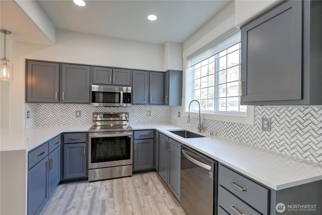 23120 SE Black Nugget Rd Unit A2, Issaquah, WA 98029 - kitchen featuring stainless steel appliances, a sink, decorative backsplash, light wood-style floors, and light countertops