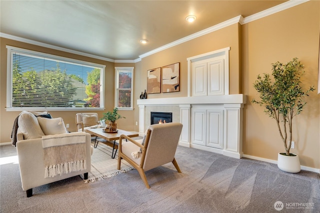 3212 Maplewood Cir NE, Tacoma, WA 98422 - sitting room with light colored carpet, ornamental molding, and a fireplace