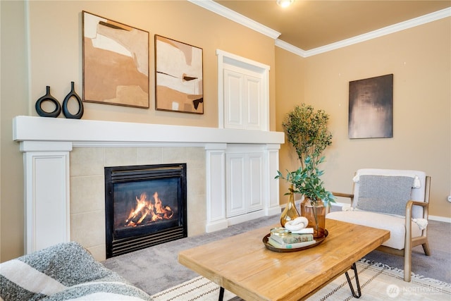 3212 Maplewood Cir NE, Tacoma, WA 98422 - carpeted living room with ornamental molding and a fireplace