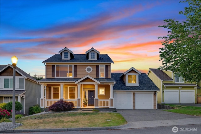 3212 Maplewood Cir NE, Tacoma, WA 98422 - view of front of property with asphalt driveway, a garage, covered porch, a shingled roof, and a yard