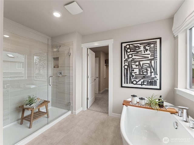 11455 SE 84th St Unit 43, Newcastle, WA 98056 - bathroom featuring a shower stall, a sink, recessed lighting, a bath, and baseboards