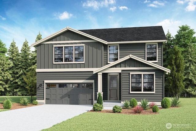 11455 SE 84th St Unit 43, Newcastle, WA 98056 - view of front of home with an attached garage, board and batten siding, a front lawn, and concrete driveway