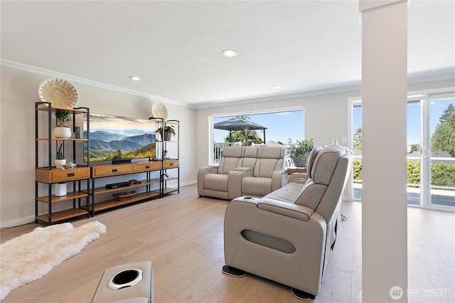 3415 Garden Ave N, Renton, WA 98056 - living room featuring ornamental molding, plenty of natural light, light wood-type flooring, recessed lighting, and baseboards