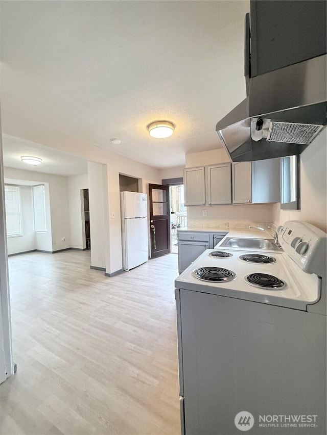 328 S Division St, Auburn, WA 98001 - kitchen featuring white appliances, extractor fan, a sink, light wood-style floors, and light countertops