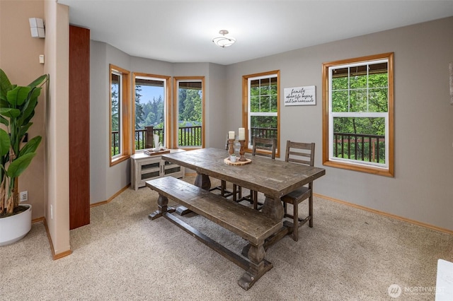 dining area with light colored carpet and baseboards