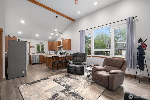 living area featuring beam ceiling, light wood-style floors, recessed lighting, and high vaulted ceiling