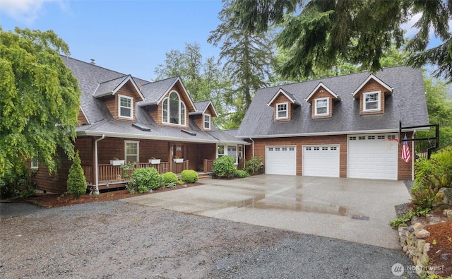 view of front facade featuring driveway, covered porch, and roof with shingles