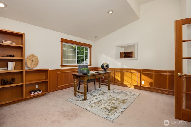 6715 NE Dapple Ct, Bainbridge Island, WA 98110 - carpeted office space with wainscoting, vaulted ceiling, and recessed lighting