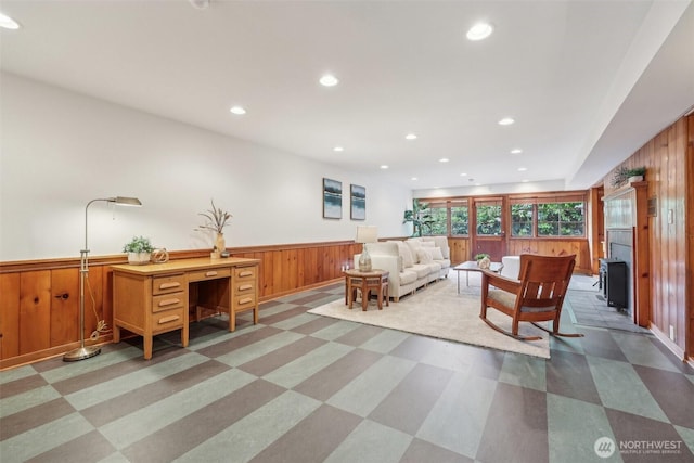 16255 38th Ave NE, Lake Forest Park, WA 98155 - living room with wooden walls, wainscoting, tile patterned floors, and recessed lighting