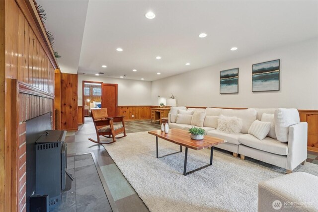 16255 38th Ave NE, Lake Forest Park, WA 98155 - living room featuring a wainscoted wall, wooden walls, and recessed lighting