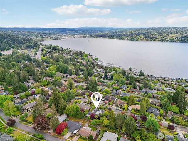 16255 38th Ave NE, Lake Forest Park, WA 98155 - aerial perspective of suburban area with a nearby body of water and a heavily wooded area