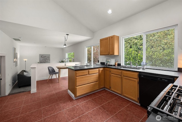 7725 Perregrine Pl, Arlington, WA 98223 - kitchen with a sink, black dishwasher, a peninsula, vaulted ceiling, and dark tile patterned floors