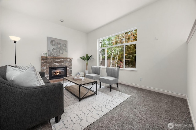 7725 Perregrine Pl, Arlington, WA 98223 - living area featuring light colored carpet, baseboards, and a brick fireplace