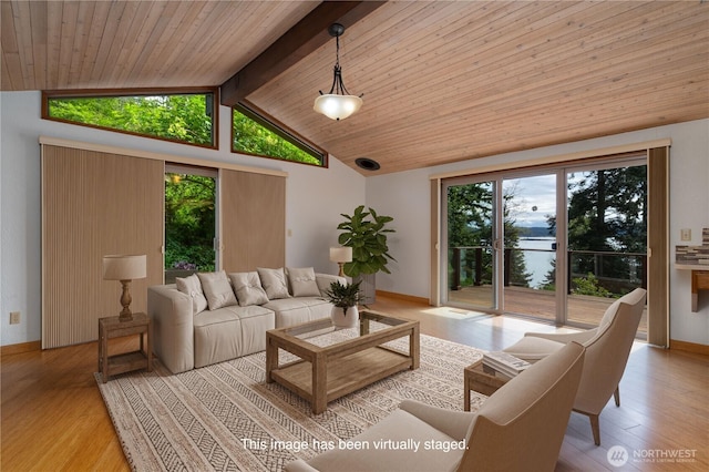 15127 Gibralter Rd, Anacortes, WA 98221 - living room featuring light wood-type flooring, wood ceiling, and baseboards