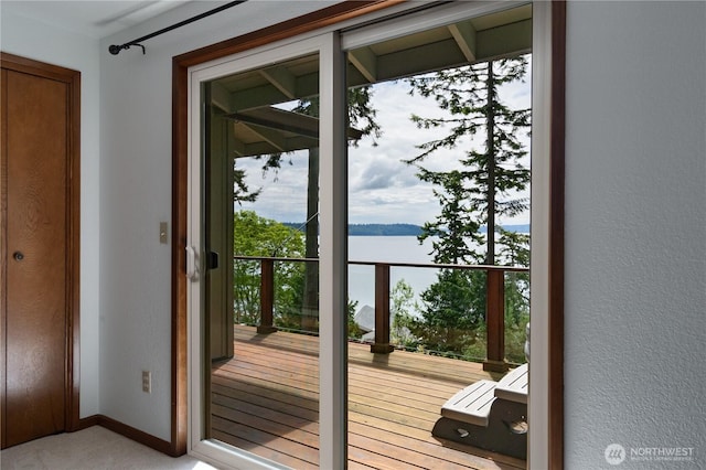 15127 Gibralter Rd, Anacortes, WA 98221 - doorway to outside with a water view, baseboards, light carpet, and a textured wall