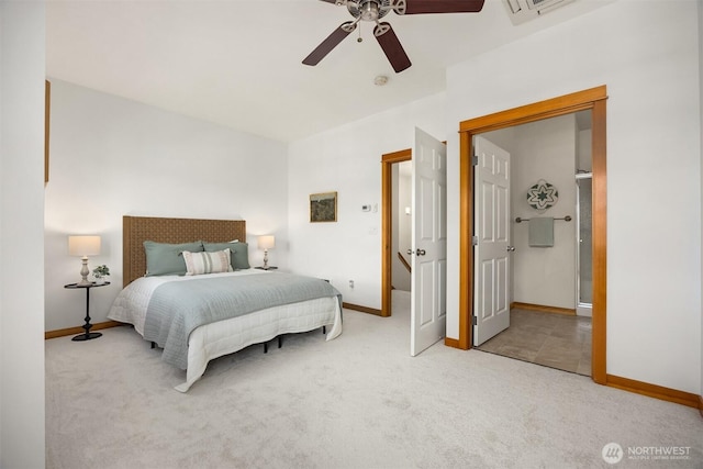bedroom with baseboards, carpet floors, and ceiling fan