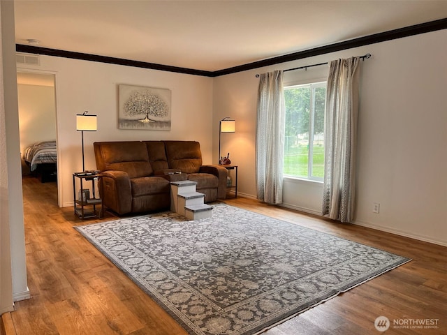 234 Mill Rd, Sequim, WA 98382 - living area with ornamental molding, wood finished floors, and baseboards