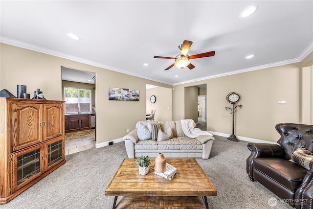 7911 Oregon Trl, Maple Falls, WA 98266 - living area with light carpet, recessed lighting, baseboards, ceiling fan, and crown molding