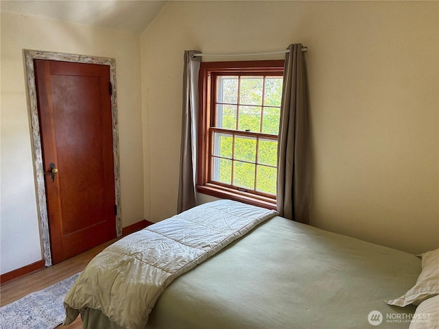 bedroom featuring wood finished floors, baseboards, and vaulted ceiling