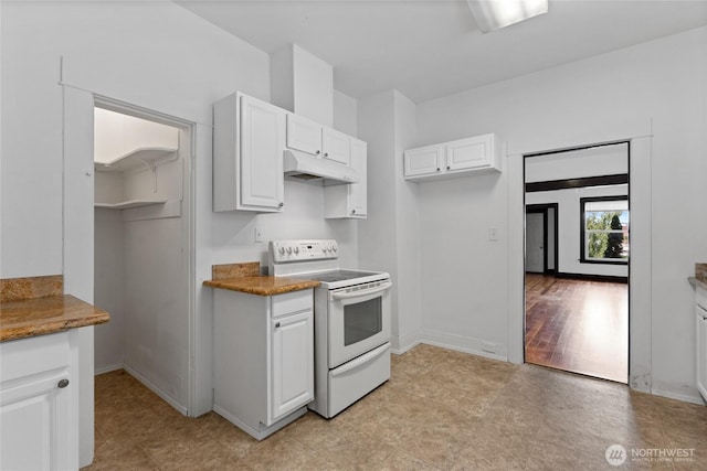 310 S 28th St, Tacoma, WA 98402 - kitchen featuring white range with electric cooktop, under cabinet range hood, white cabinetry, and baseboards