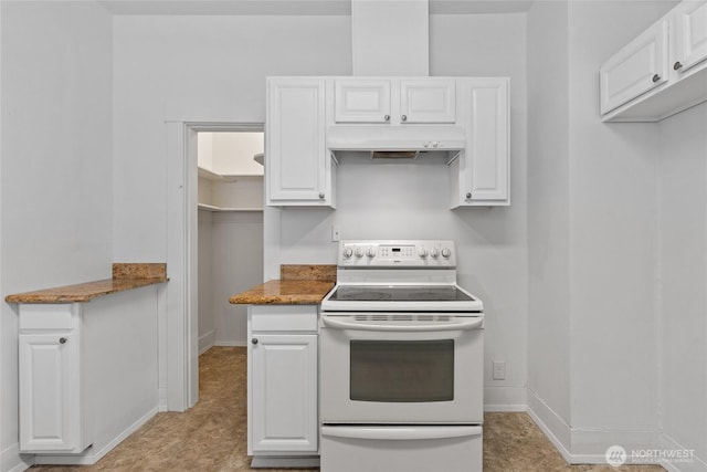 310 S 28th St, Tacoma, WA 98402 - kitchen with electric stove, under cabinet range hood, white cabinetry, and baseboards