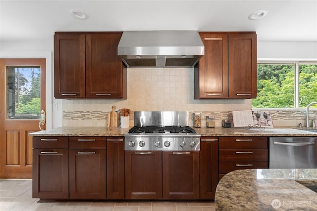 11242 Fremont Ave N Unit B, Seattle, WA 98133 - kitchen with wall chimney exhaust hood, stainless steel appliances, and light stone countertops